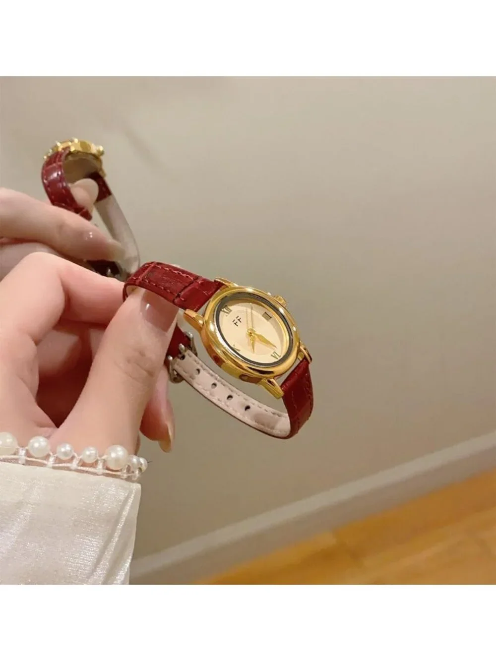 Women's Red Vintage Oval Analog Quartz Roman Numeral Dial Leather Strap Watch